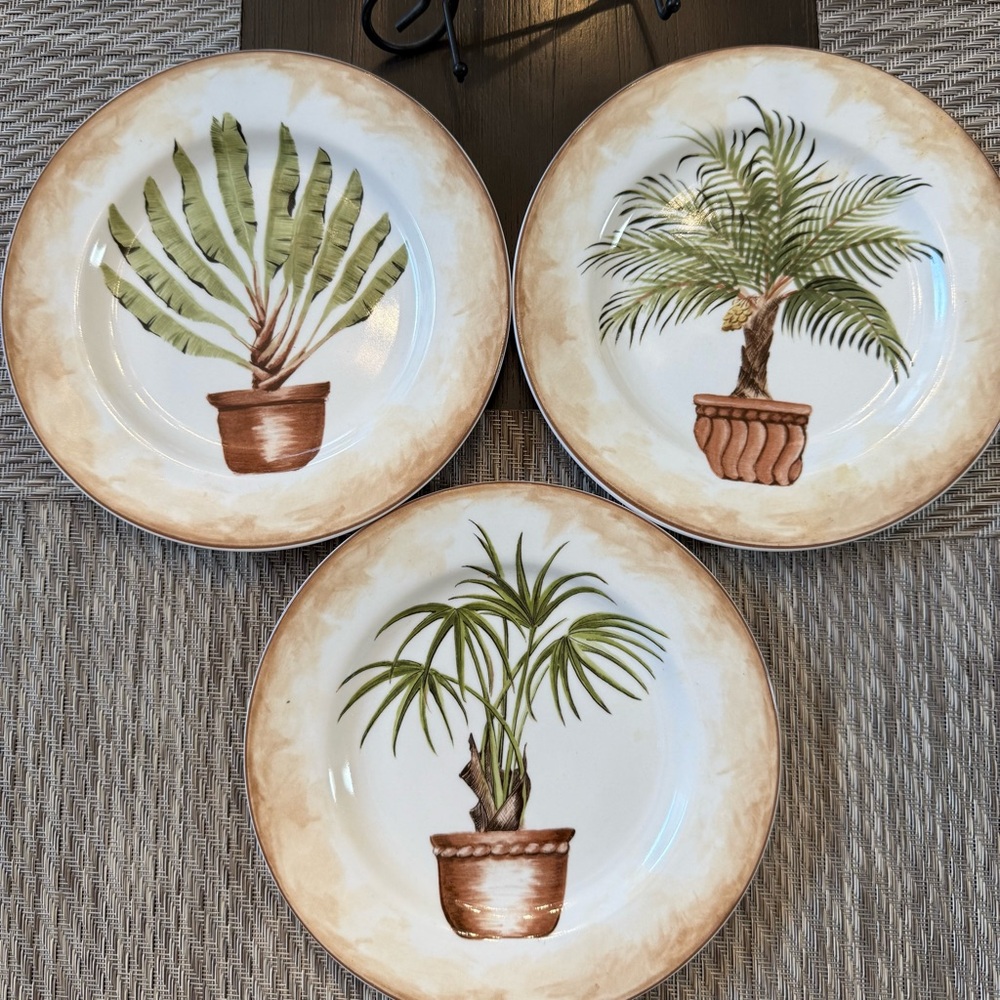American Atelier Set of 3 Botanical Plates Tropical Palm Designs-porcelain
